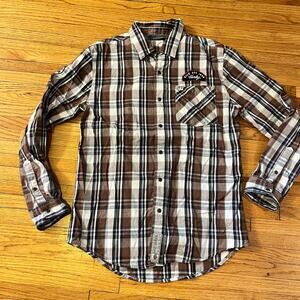 Harley Davidson Shirt Mens Medium Plaid Embroidered Kick Ass Iron Button Up